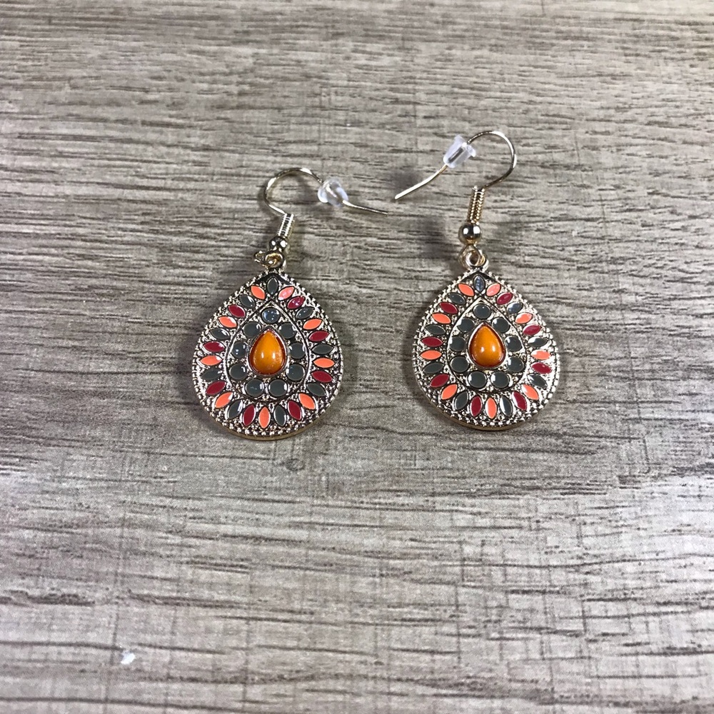 Bohemian Teardrop Earrings with Orange and Red Accents